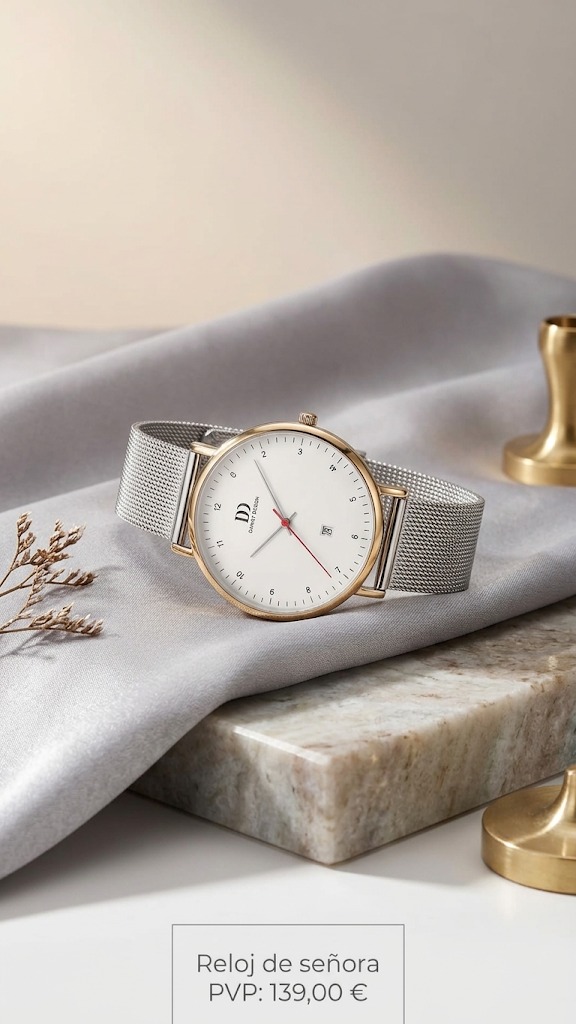 Reloj de señora con malla plateada y detalles dorados