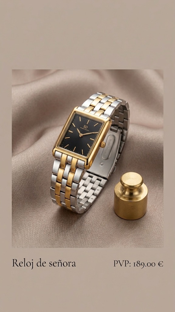 Reloj de señora rectangular bicolor con esfera negra