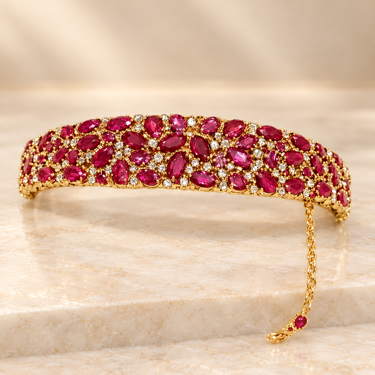Pulsera dorada con piedras fucsias
